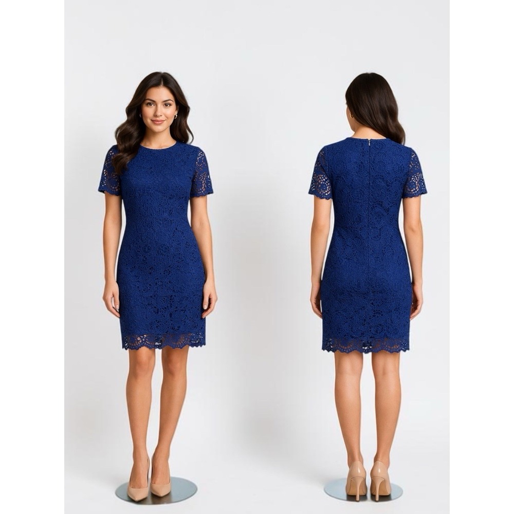 Ann Taylor Petite Lace‎ Dress 2P Blue Sheath Short Sleeve Lined